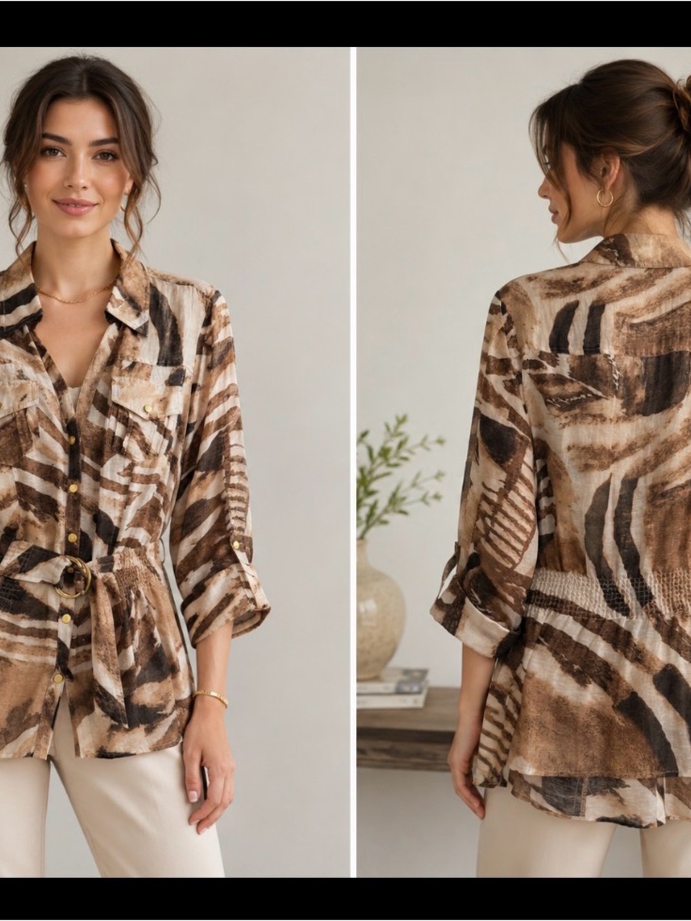 Cache Brown and Cream Abstract Print Button-Down with Tie